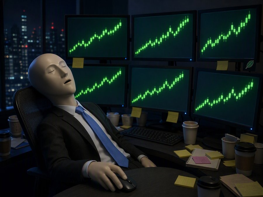 Asleep at the overnight desk, six green charts